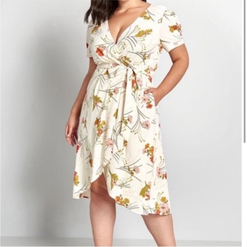 Modcloth Floral Wrap Dress - Cream and Multicolor